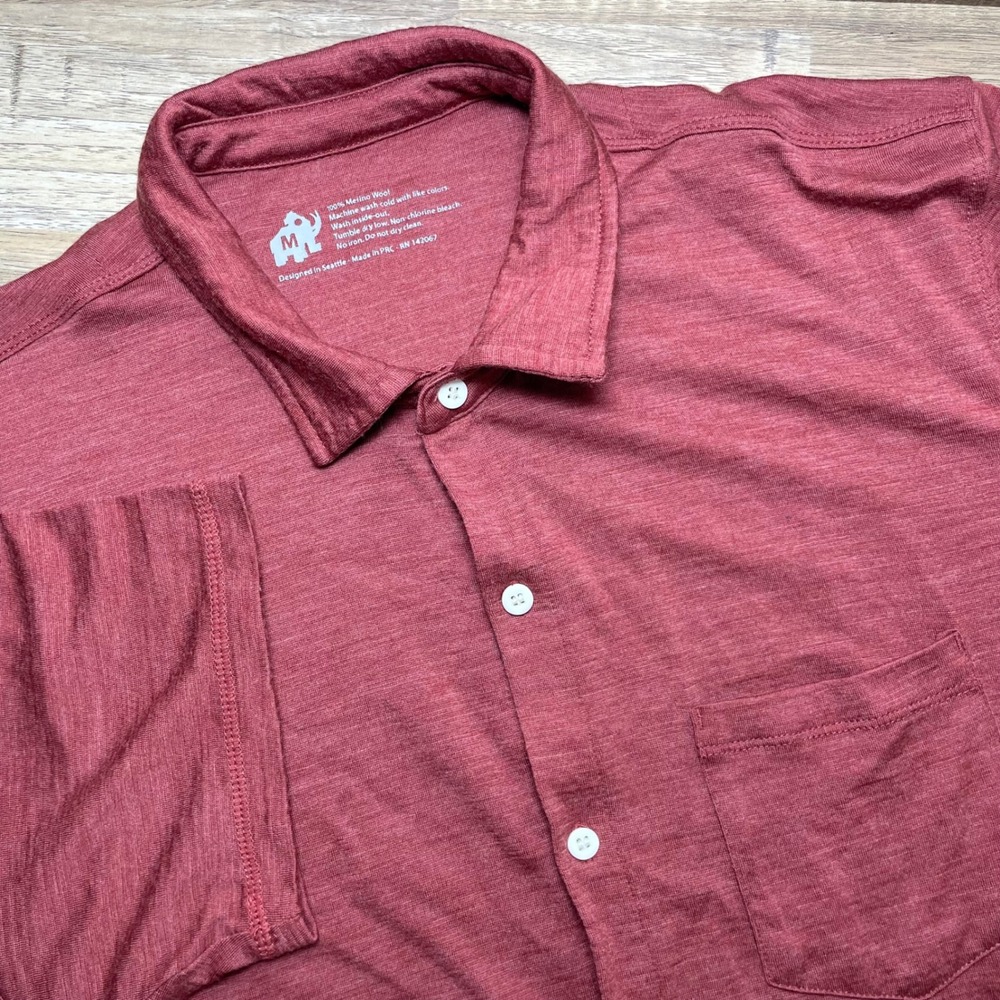 Woolly Clothing Co. Men Merino Wool Button Up Shirt Rust Red Short Sleeve Medium